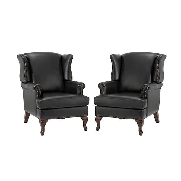 JAYDEN CREATION Johannes Black Genuine Leather Armchair with Nailhead Trims Set of 2
