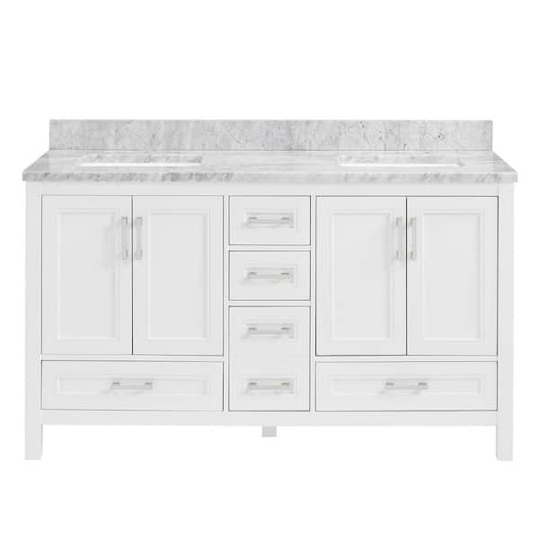 ANGELES HOME 60 in. W x 22 in. D x 39 in. H Freestanding Bath Vanity with Carrara Natural Marble Top, Double Sink, Soft Close, White