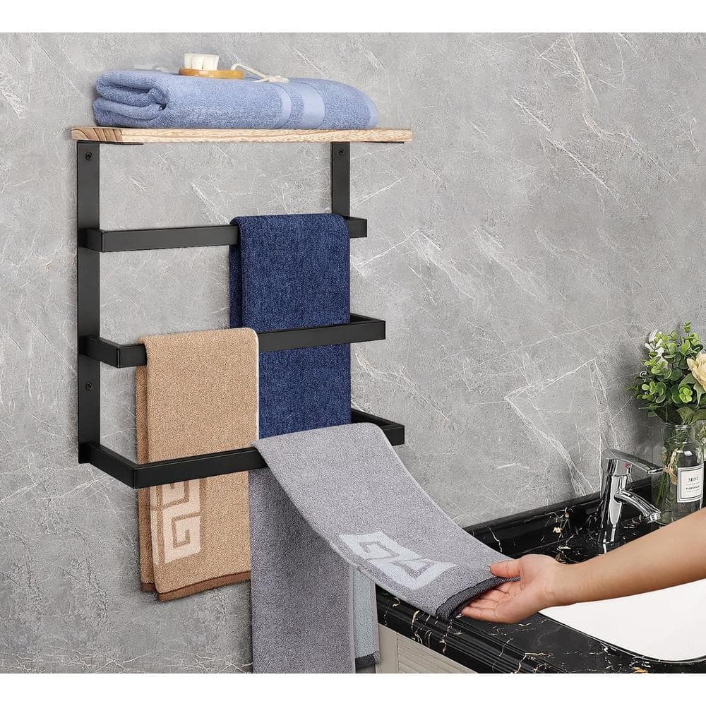 Matte Black Wall Mounted 3-Tier Towel Rack with Wood Shelf