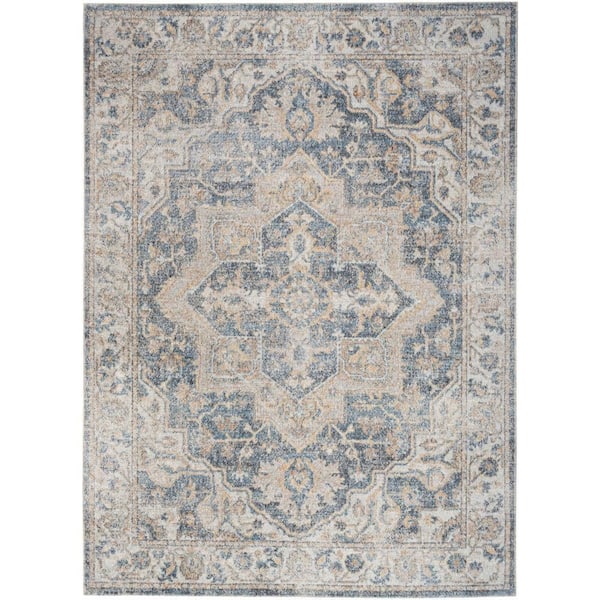Astra Machine Washable Grey Blue 5 ft. x 7 ft. Distressed Traditional Area Rug