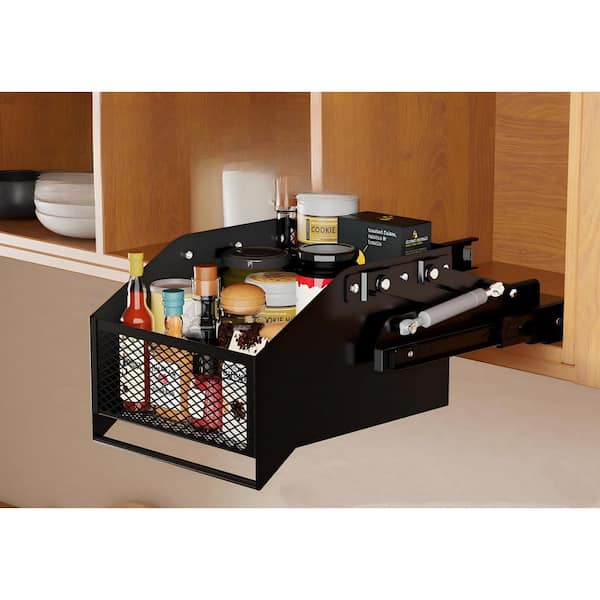 Black Pull-Down Spice Rack Cabinet Organizer for High/Deep Cabinets, 12.6 in. Out & 1.8 in. Down for Spices, Bottles