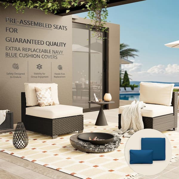 2-Piece Wicker Rattan Outdoor Patio Conversation Seating Set w/ Coffee Tables, Beige and Blue Cushion (2-Seats)
