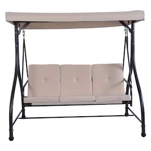 3-Seats Outdoor Canopy Swing in Beige with Cushions and Adjustable Tilt Canopy