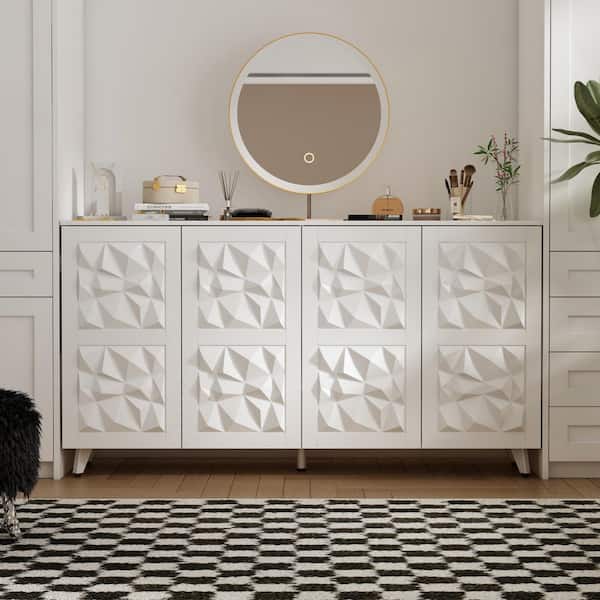 White 33.5 in. H Accent Storage Cabinet with 4 Shelves, Sideboard Buffet Cabinet, Carved Doors