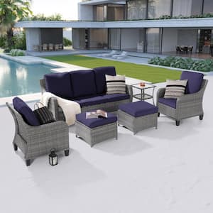 6-Piece Patio Conversation Sofa Set Gray Wicker with Side Table and Thickening Cushions, Navy Blue