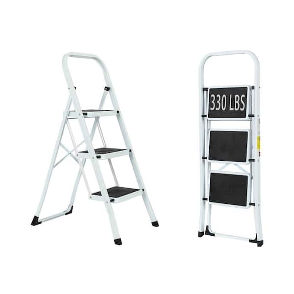 Tatayosi 3-Step Iron Folding Step Stool Ladder 330 lbs. Load Capacity Type IA Duty Rating (5.51 ft. Reach Height), White