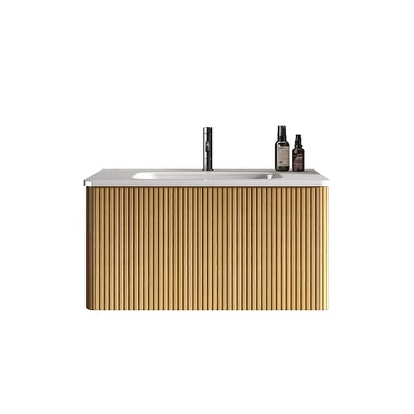 Unbranded 30 in. W x 18 in. D x 16 in. H Single Sink Wall-Mounted Bath Vanity in Natural Oak with White Ceramic Top