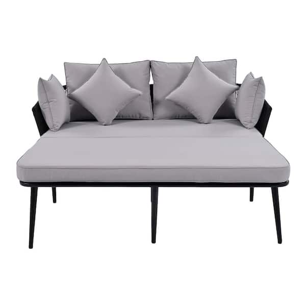 Unbranded Gray Metal Iron Polyester Woven Nylon Rope 2-Person Outdoor Day Bed with Cushions, Pillows with Backrest for Lawn