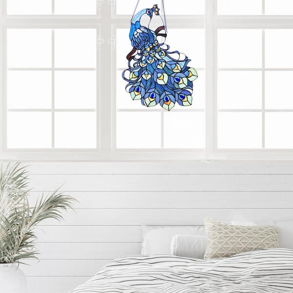 Stained Glass Panel - Pleasant Peacock Stained Glass Window Hangings -  Window Treatments Light Blue : : Home