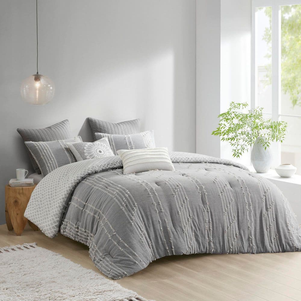 Gray Full Cotton Jacquard Reversible Bedding Set