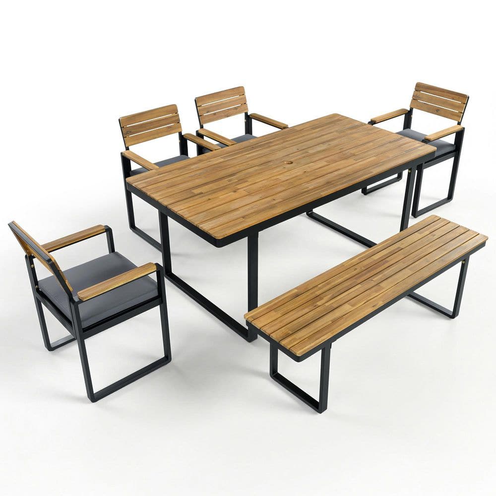 6-Piece Acacia Wood Outdoor Dining Set, 1 Table with 4 Chairs and 1 Bench with Gray Cushions on Chairs price history on PriceWatchPro