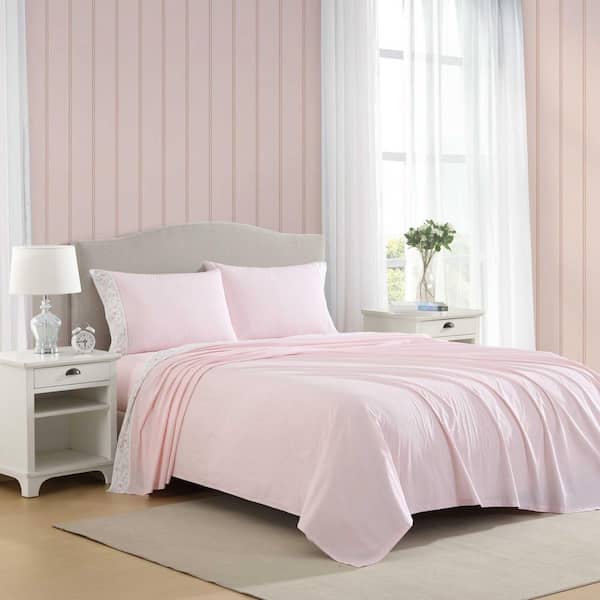 Bow Ribbon 4-Piece Pink Sateen Cotton King Sheet Set