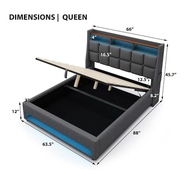 Gray Wood Frame Queen Linen Platform Bed with LED Lights, Hydraulic Storage, USB Charging, Storage Headboard, Pockets