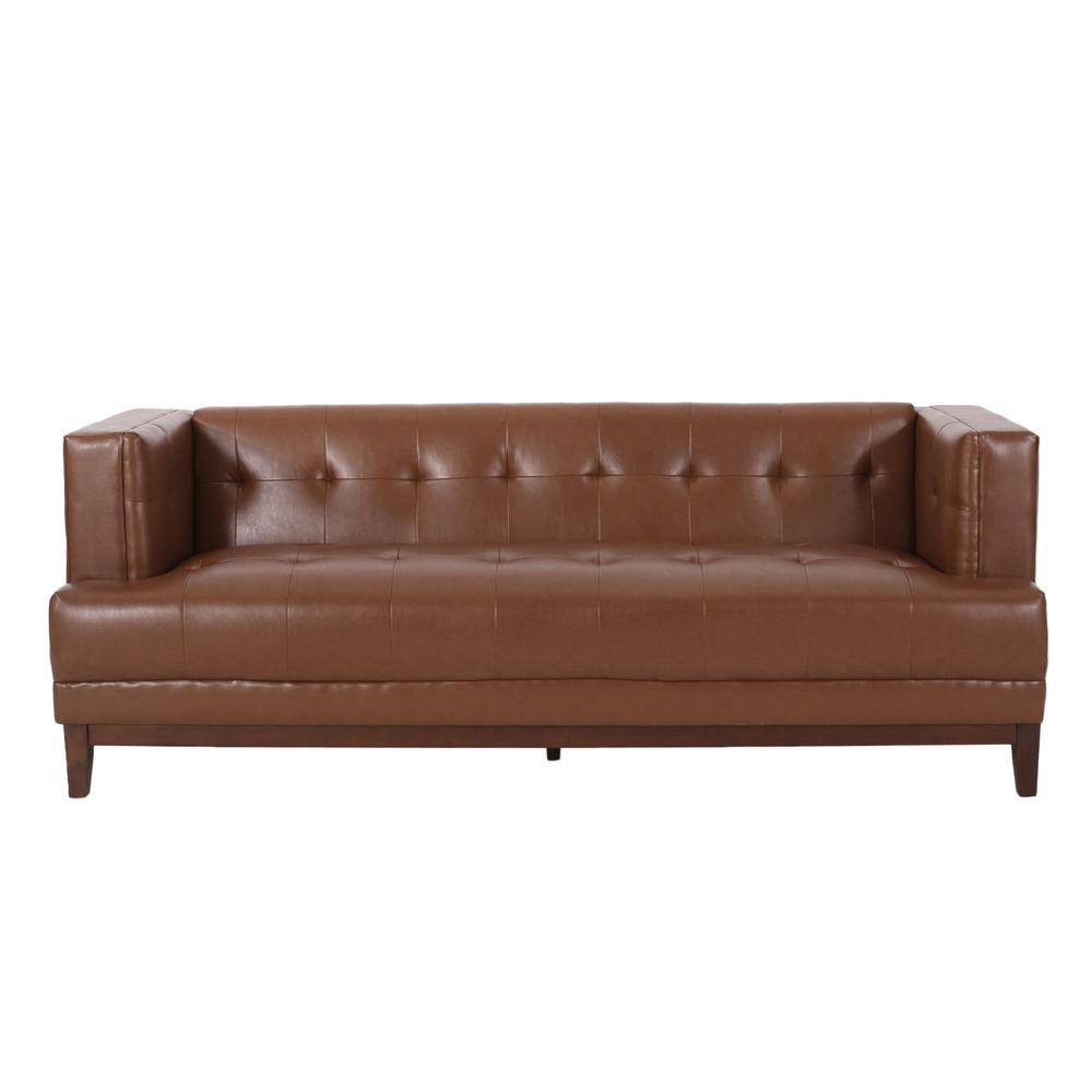 Cognac Brown Faux Leather Tufted Lawson Sofa with Wood Frame