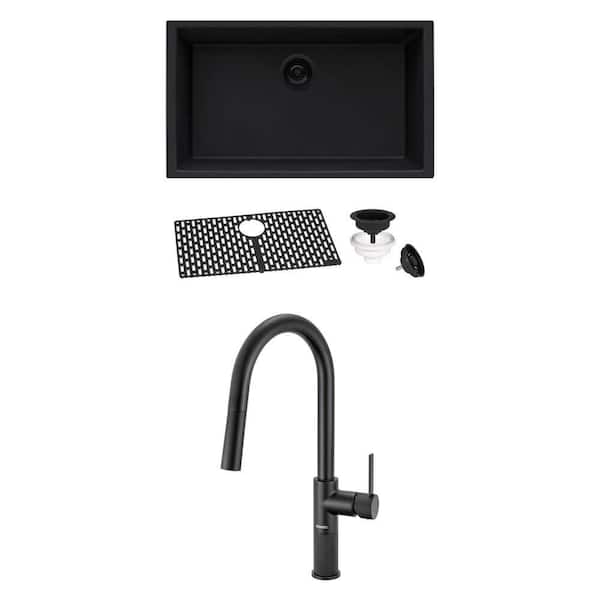 EpiGranite 30 in. Black Quartz Sink and Isola Matte Black Knurled Pull Down Kitchen Faucet Combo