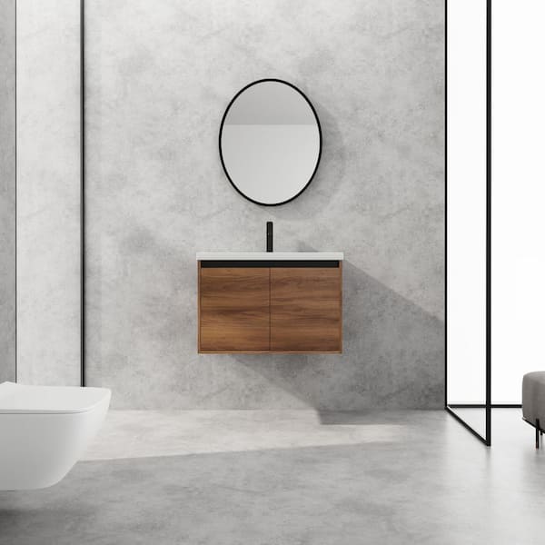 UPIKER Elegant 29.53 in. W x 18.11 in. D x 20.47 in. H Single Sink Brown Ebony Floating Bath Vanity with White Resin Top