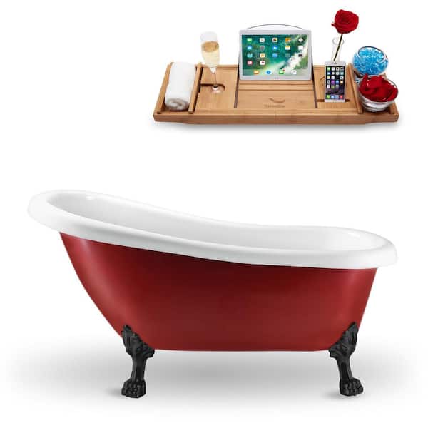 Streamline 61 in. Acrylic Clawfoot Non-Whirlpool Bathtub in Glossy Red With Matte Black Clawfeet And Polished Gold Drain