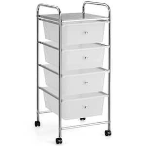 4-Tier White Rolling Steel Storage Kitchen Cart with Plastic Drawers
