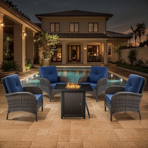 Brown 5-Piece Wicker Patio Fire Pit Set, Outdoor 4-Person Seating Set with Olefin Navy Blue Cushions and Armchairs