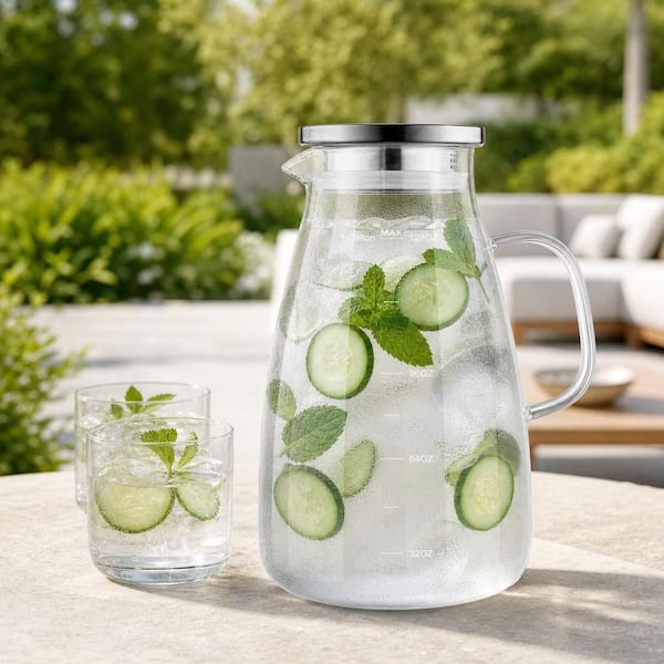 Numhew 128 fl. oz. Glass Pitcher with Extra-Wide Mouth, Lid and