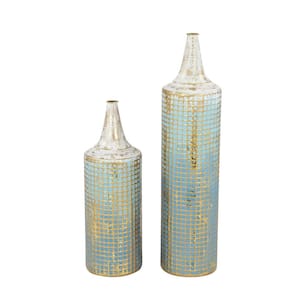 25 in., 18 in. Blue Distressed Tall Metal Geometric Decorative Vase with Grid Pattern and Gold Accents (Set of 2)