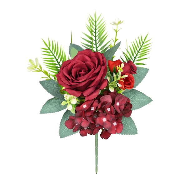 LIVING LUXURY 11 in. Burgundy Red Artificial Delicate Mixed Rose Hydrangea Flower Stem Bush Bouquet (Set of 4)