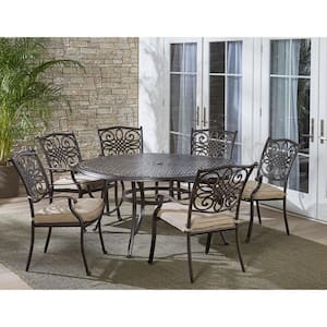 Traditions 7-Piece Aluminum Outdoor Dining Set with 6 Chairs with Tan Cushions and Cast-Top Table