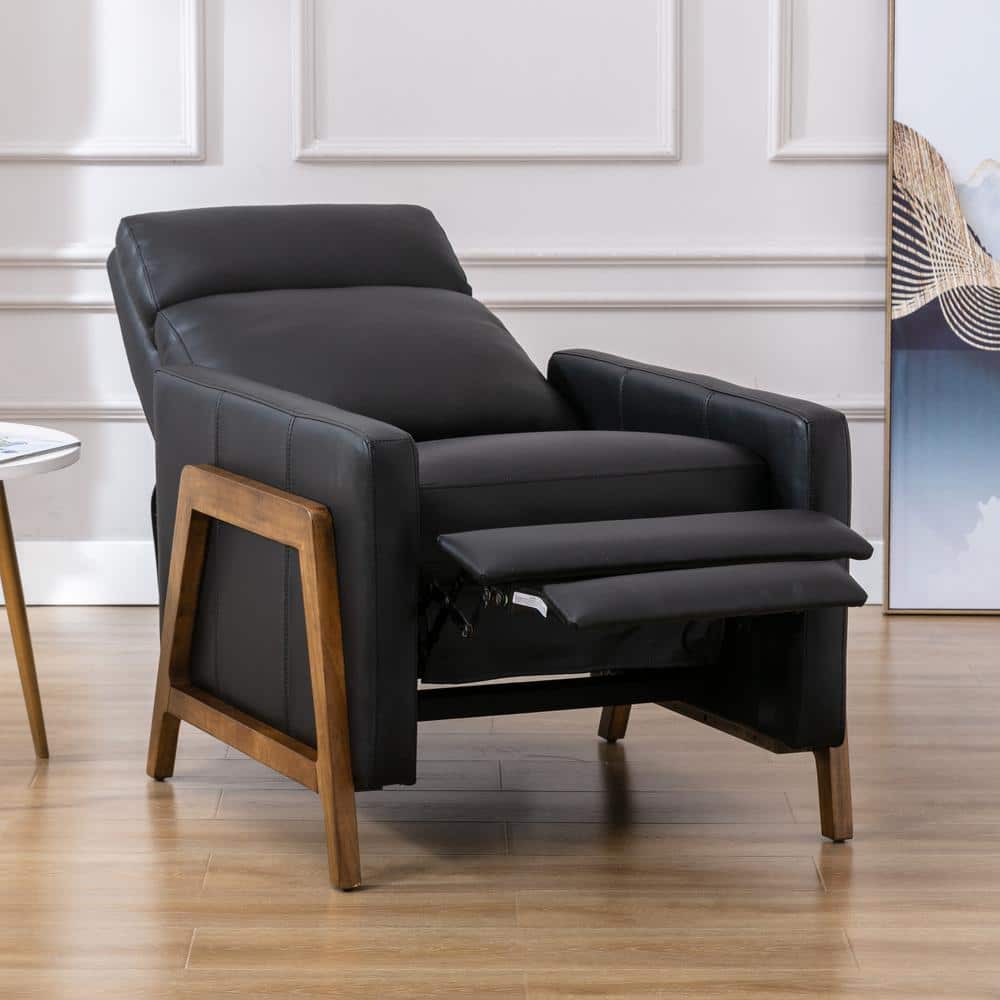 Reed Black Leather and Wood Push Back Recliner