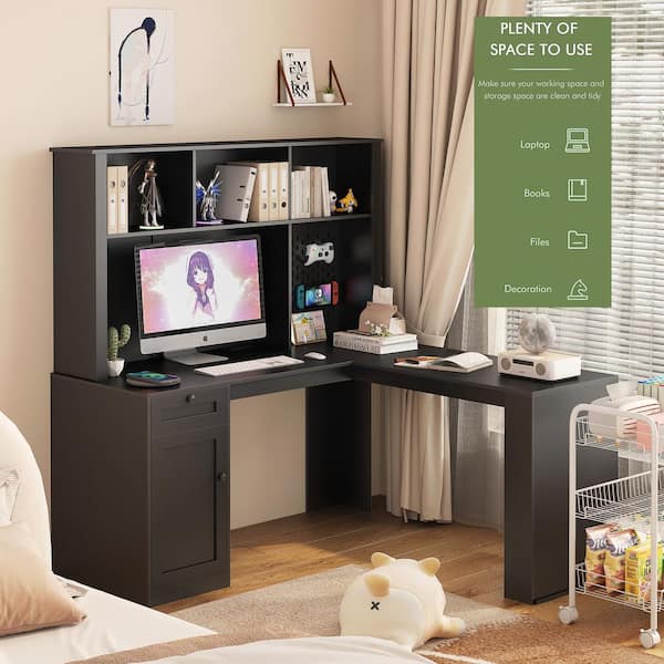 59 in. L Shaped Black Wood 3 Drawer Computer Corner Study Writing Desk with Storage Shelves and Door
