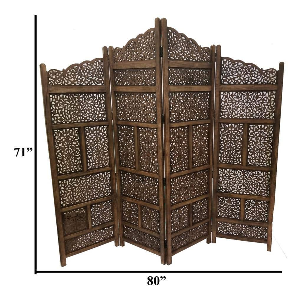 Handmade Dark Brown Mango Wood 4-Panel Room Divider
