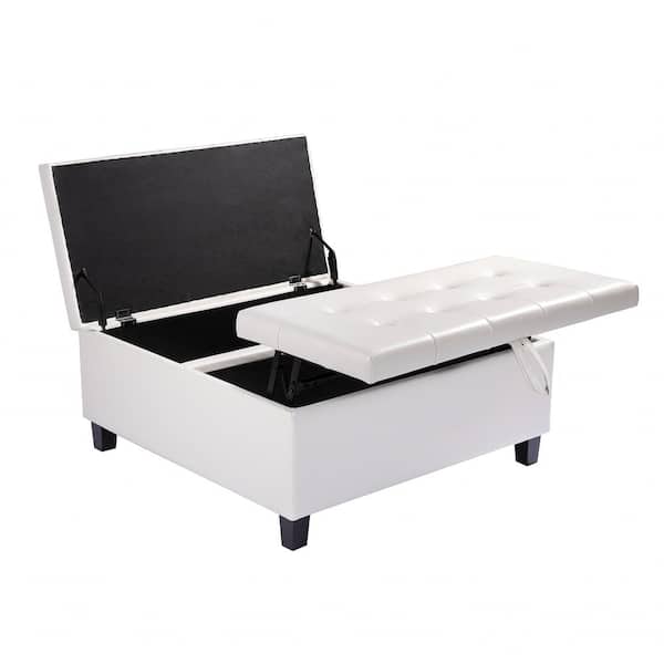 35-Inch Tufted Upholstered Lift-Top Ottoman Bench, Large Square Storage Coffee Table, Footrest Stool, White