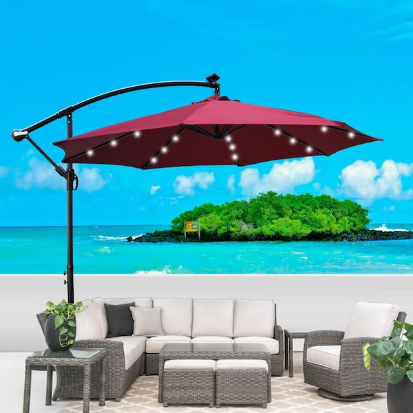 10 ft. Outdoor Patio Umbrella, Solar Powered LED Lighted Waterproof Umbrella, Pole Dia 1.89 in. Burgundy