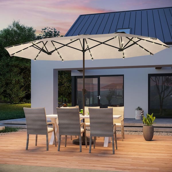 13 ft. x 7.2 ft. Steel Solar-Powered Double-Sided Market Patio Umbrella with Large Canopy Outdoor Table Umbrella in Sand