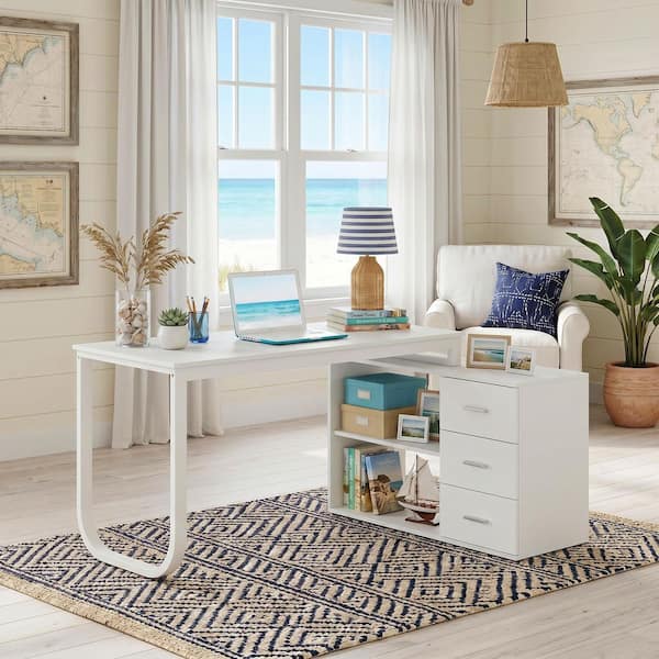FUFU&GAGA 55.1 in. L-Shaped White Wood Writing Desk Corner Gaming