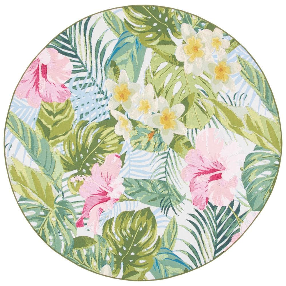 Tropical Floral Round Green and Pink Synthetic Area Rug