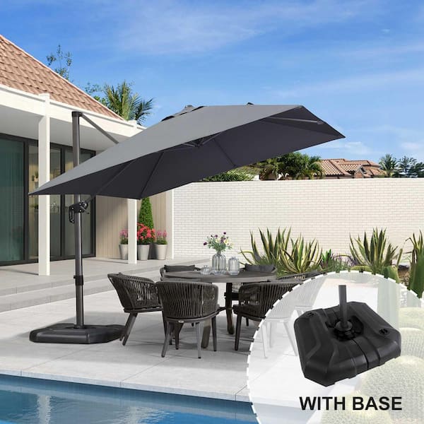 PURPLE LEAF 10 ft. Square Aluminum Outdoor Patio Cantilever Umbrella Offset 360° Rotation Umbrella with Base, Light Gray