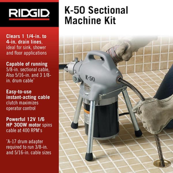 K50-8 Sectional Drain Cleaning Machine for 3/4 in. to 4 in. Lines, w/ A-30 Cable Kit, A-17-A Adapter, and A-17-B Adapter