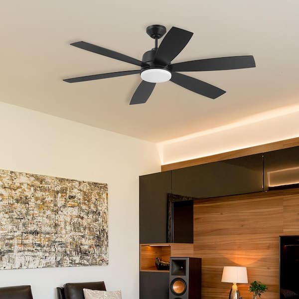 54 in. Black, Flat Black/GreyWood Blades Angled Mount Damp Rated Standard Outdoor Ceiling Fan w/ Integrated LED Included