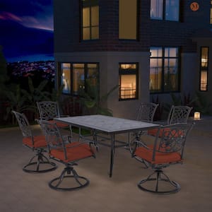 Honeysuckle 7-Piece Aluminum 28" H Outdoor Dining Set with 6 Red Cushion Swivel Chair and Rectangular Table