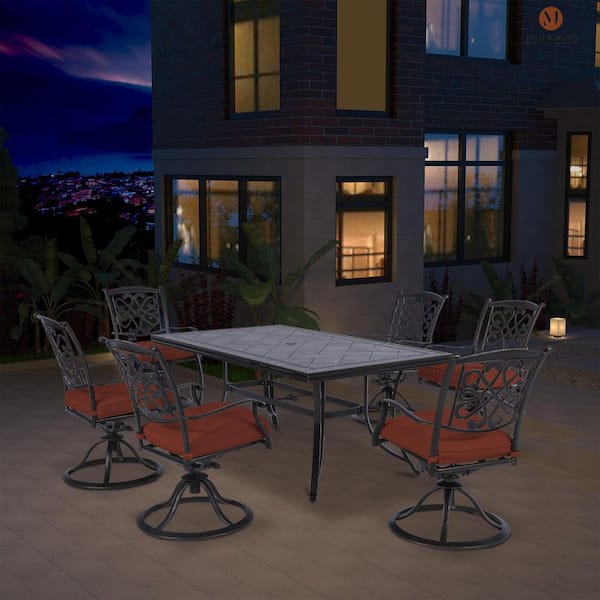 Honeysuckle 7-Piece Aluminum 28" H Outdoor Dining Set with 6 Red Cushion Swivel Chair and Rectangular Table