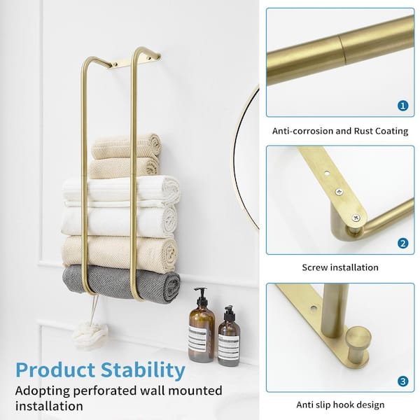 Bathroom Towel Storage Rack for Bathroom 2 Hooks Towel Racks Wall Mounted Towel Rack for Rolled Towels in Brushed Gold
