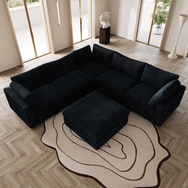 J&E Home 118 in. Rabbit Plush Fabric Square Arm 6-Piece Modular Free Combination Sectional Sofa in. Black