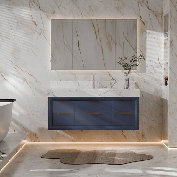 Wenlorin 48 in. Single Sink Floating Blue Bath Vanity with White Engineered Marble Top Pre-Assembled