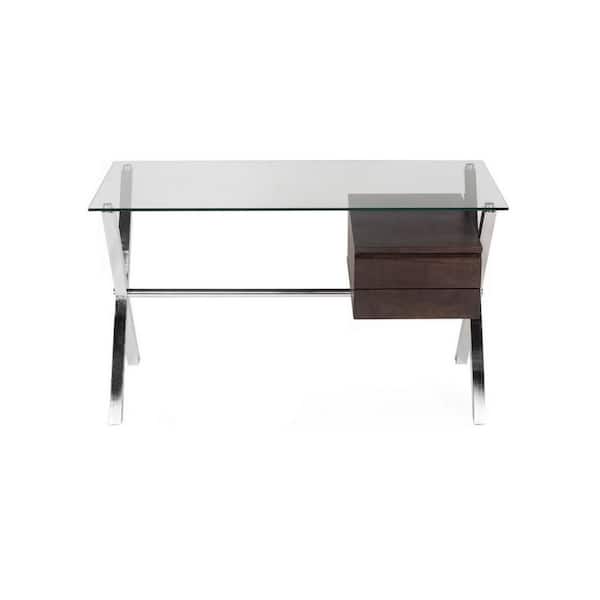 Benjara Tia 51 in. Rectangular Dark Brown Wood 2-Drawer Writing Desk with Glass Tempered Top