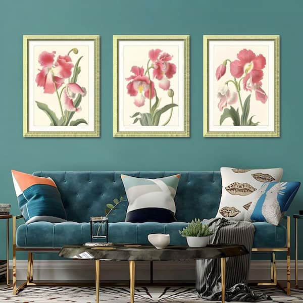 Modern 3 Piece Antique Solid Wood Framed Pink Flower Botanical Floral ...