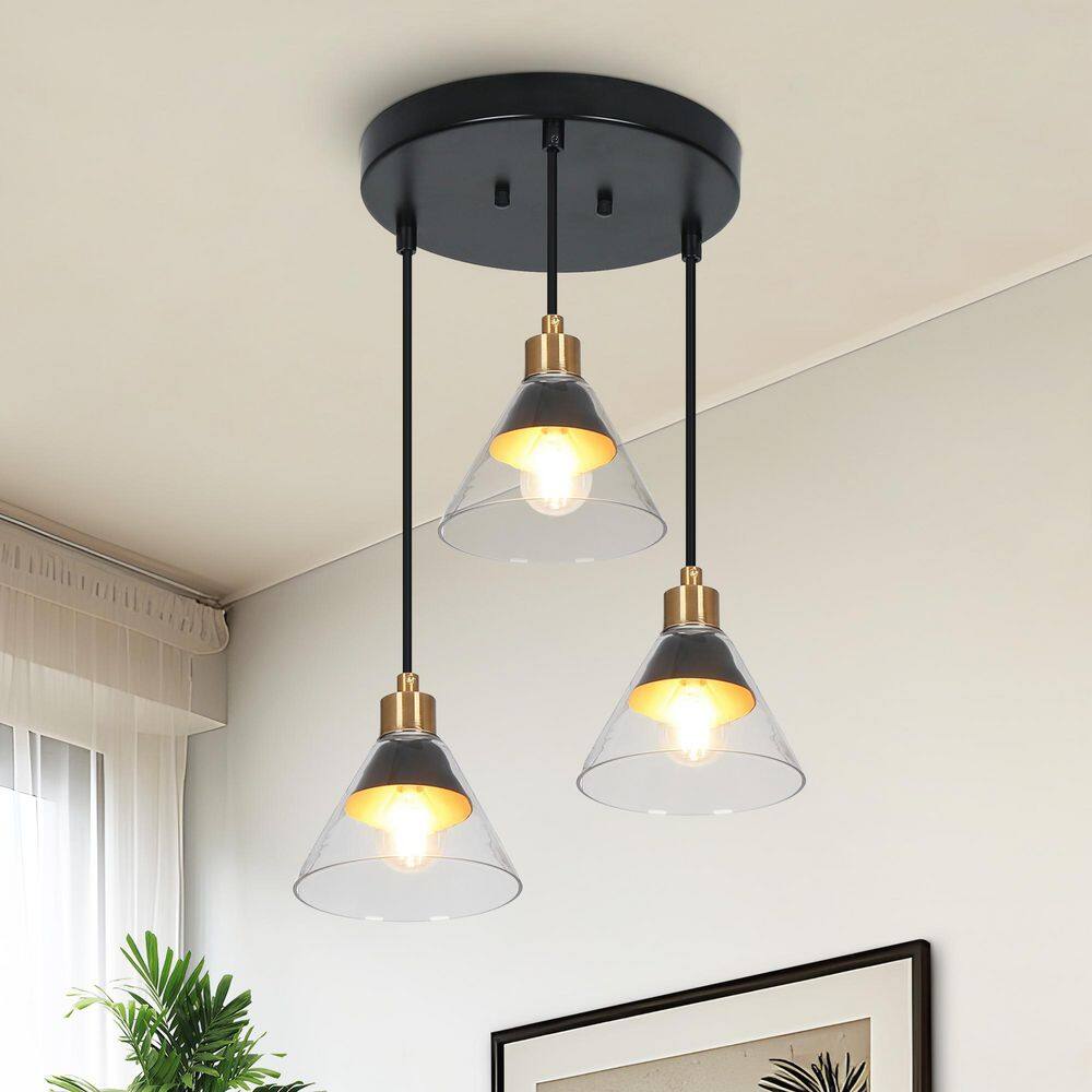 Modern Kitchen Island Chandelier, 3-Light Black and Brass Torch Dining Room Pendant Light with Clear Glass Shades price history on PriceWatchPro