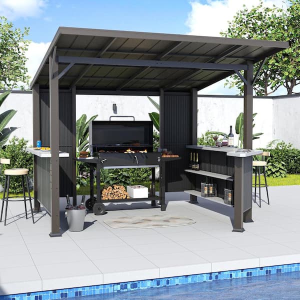 10 ft. x 10 ft. Gray Hardtop Grill Gazebo Canopy with 2 Side Shelves for Barbecue and Picnic, Metal Grill Tent