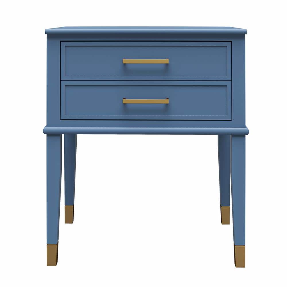 Stone Blue Wooden End Table with Gold Accents and Storage