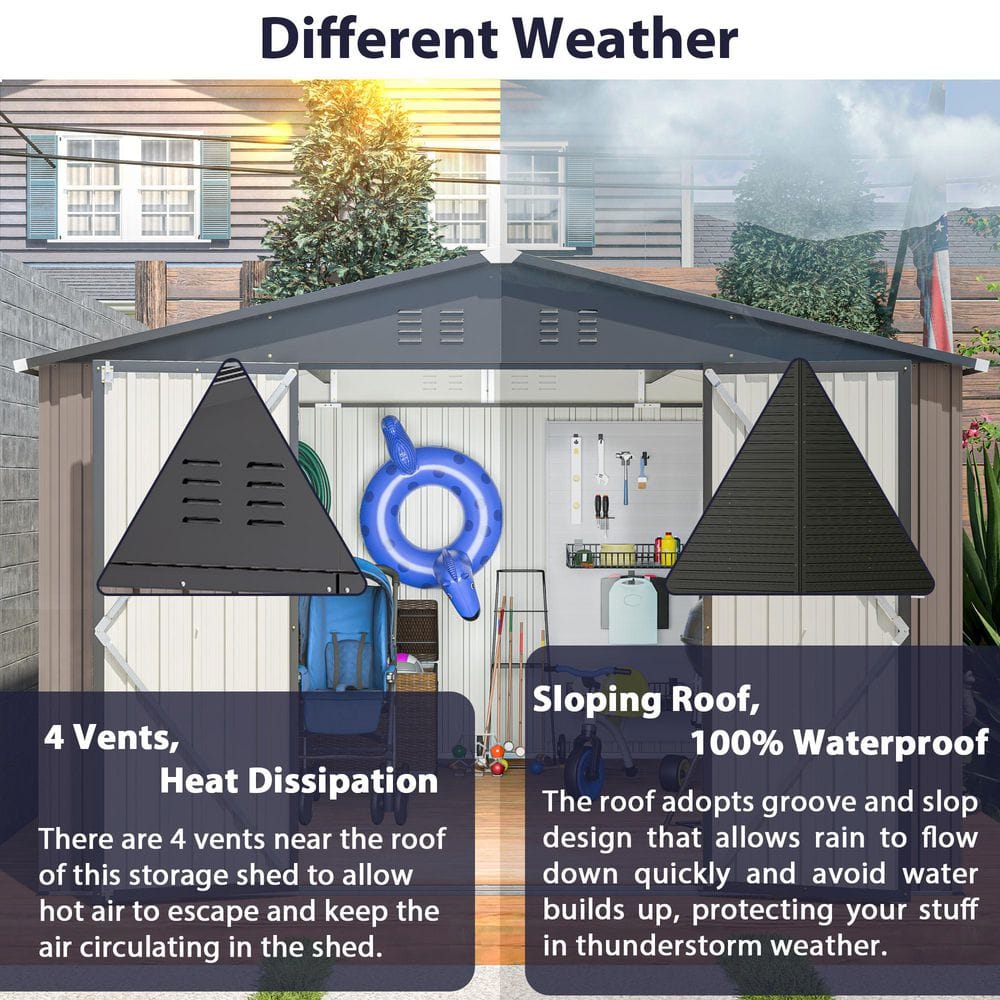 10' x 10' Brown Metal Garden Storage Shed with Double Doors