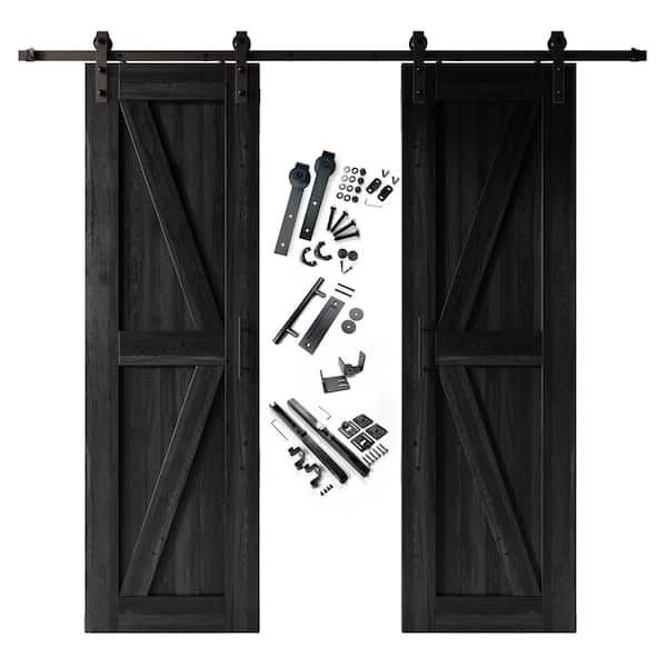 HOMACER 24 in. x 96 in. K-Frame Black Double Pine Wood Interior Sliding Barn Door with Hardware Kit, Non-Bypass